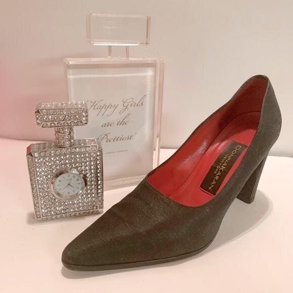 🪀DONNA KARAN NEW YORK BLACK LINEN 3 3/4” VAMP HEELS - Picture 3 of 10